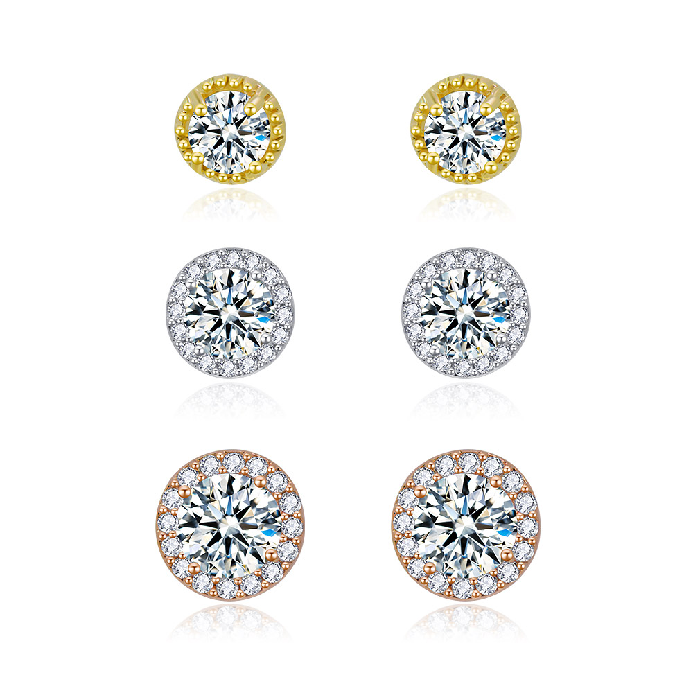 Tri-Tone Pave CZ Round Stud Earrings Set of 3